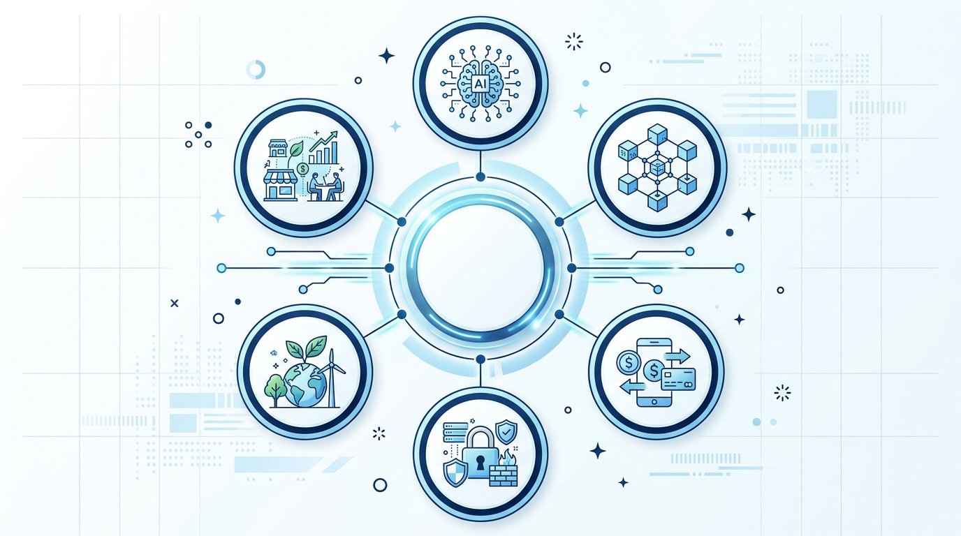 Key Themes for 2026 infographic showing connected nodes representing AI, Blockchain, Digital Payments, Cybersecurity, Green Finance, and SME Financing